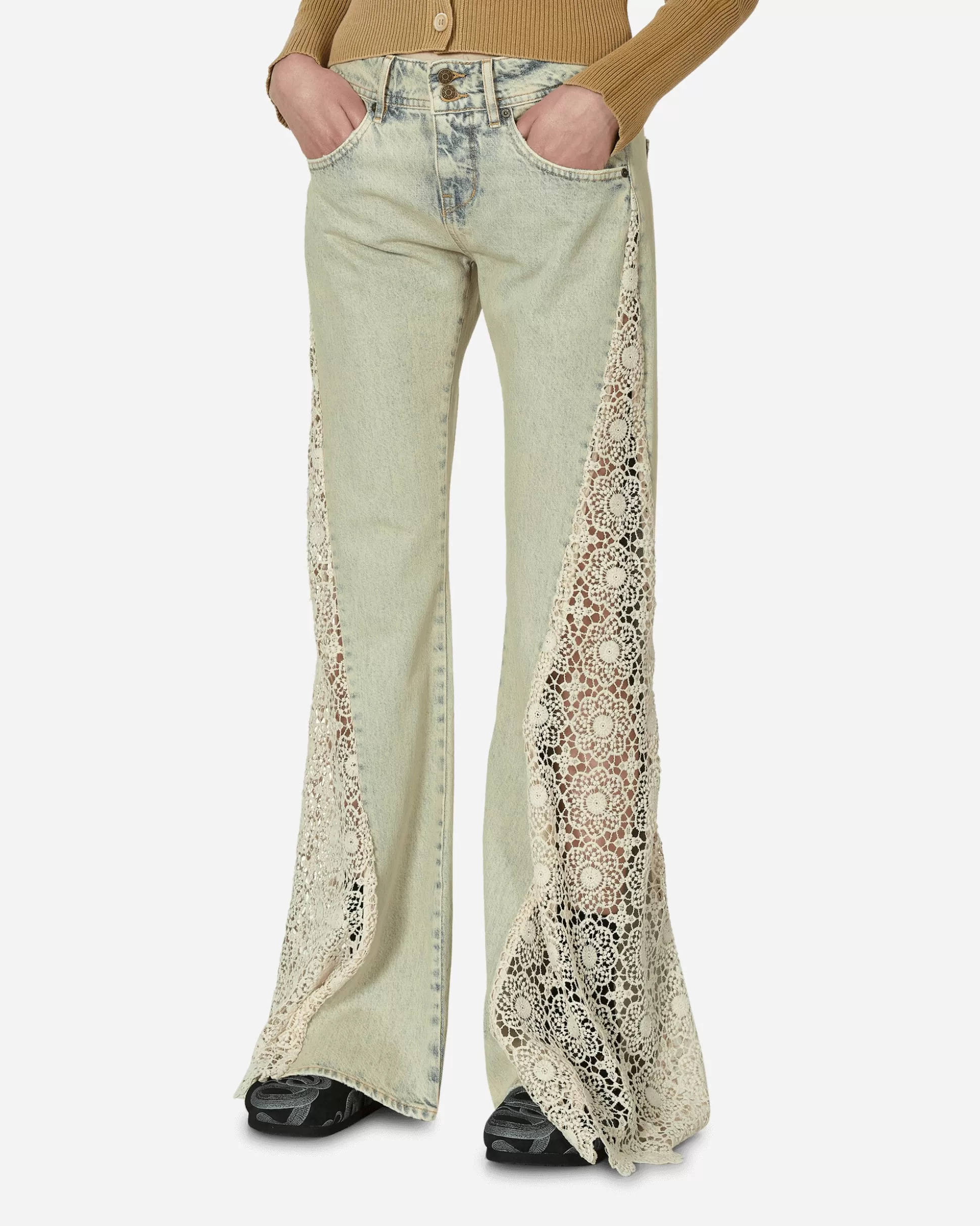 Guess USA Lace Denim Flare Pants Tinted Light Wash Flash Sale