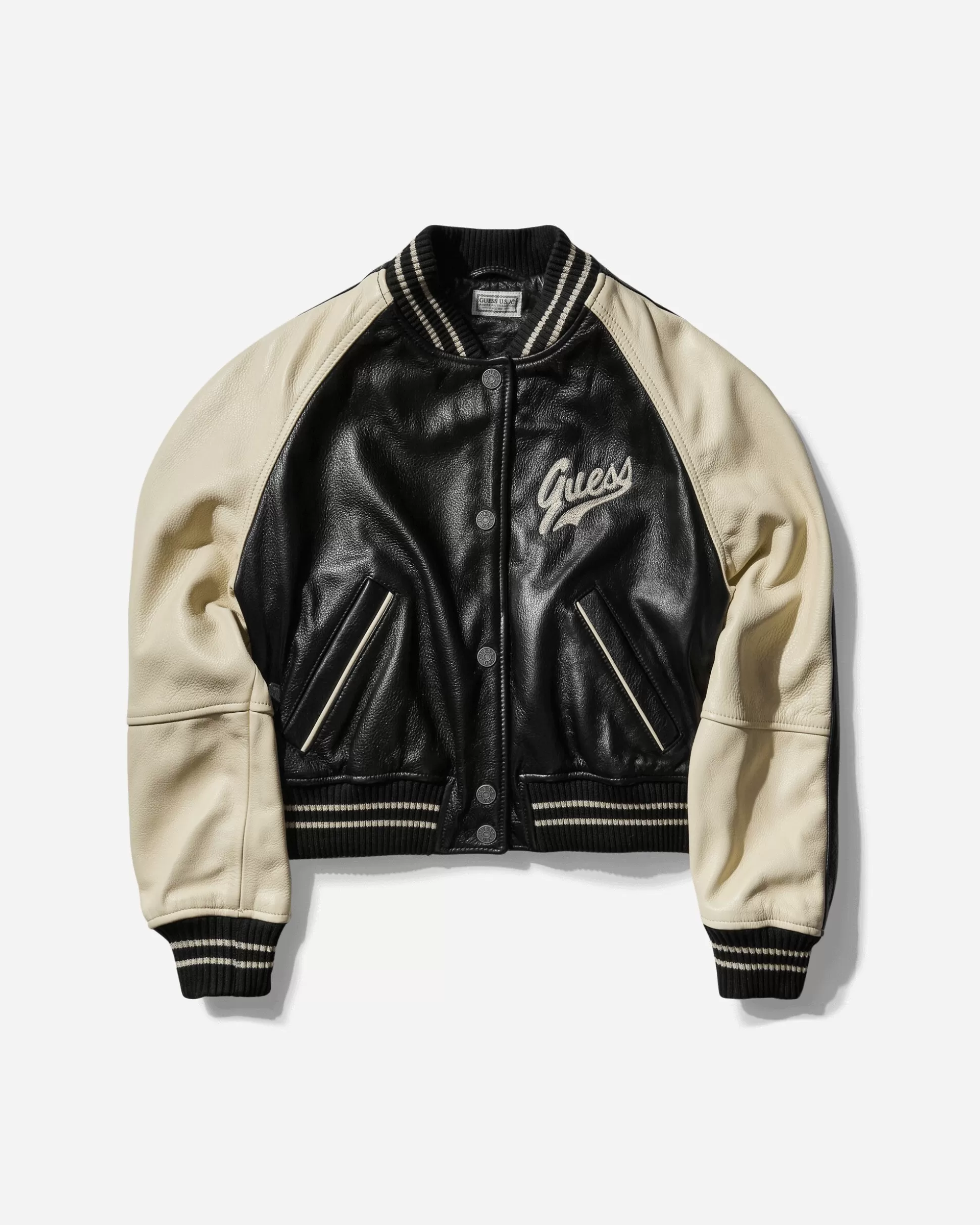 Guess USA Women's Leather Varsity Jacket Jet Black Flash Sale