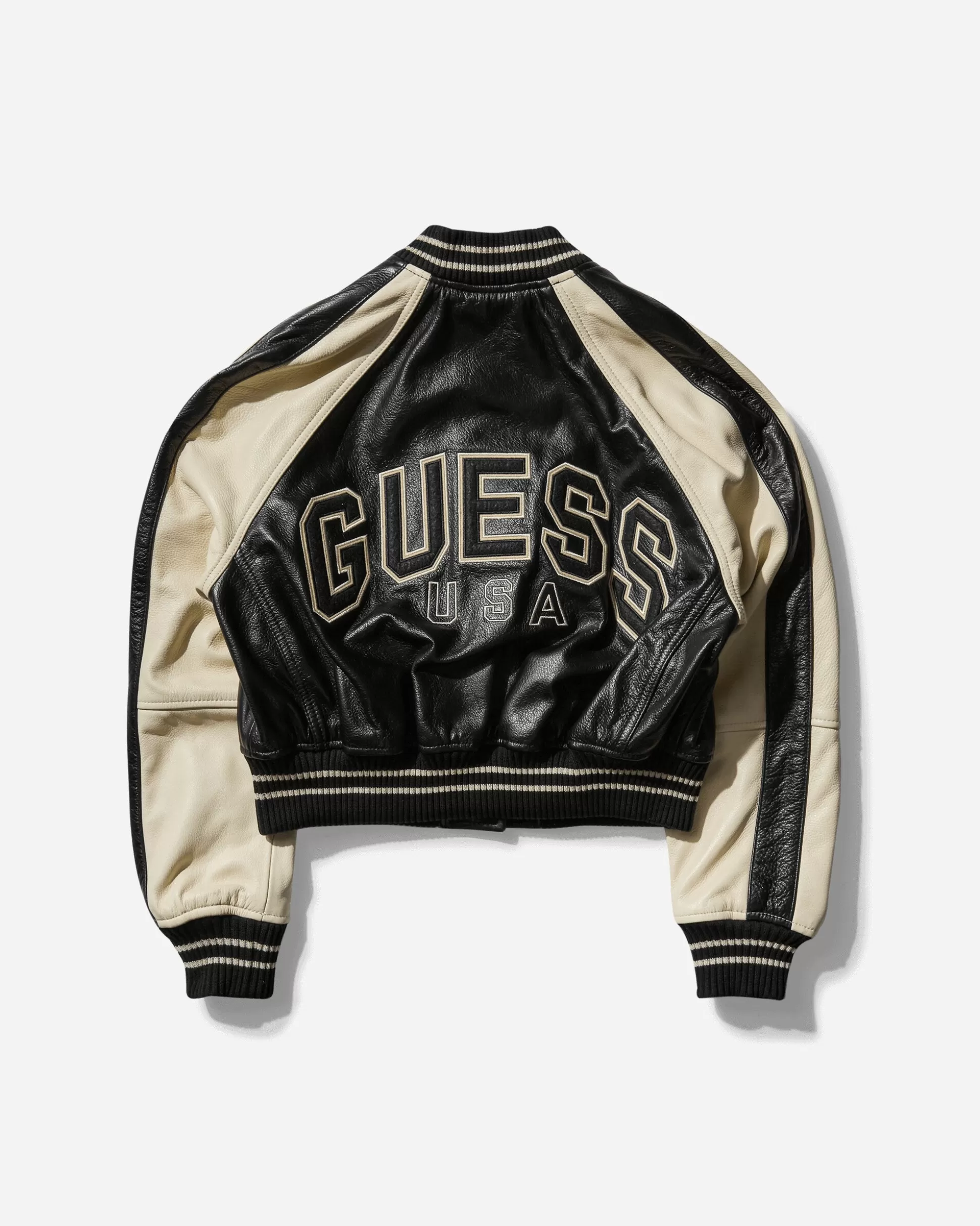 Guess USA Women's Leather Varsity Jacket Jet Black Flash Sale